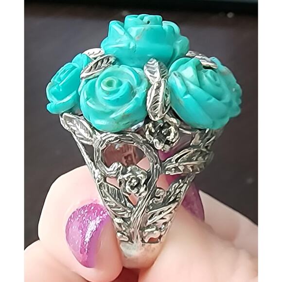 Handcrafted Sterling Silver Turquoise Rose Statement Ring - (US Size 9.5) - Picture 4 of 8